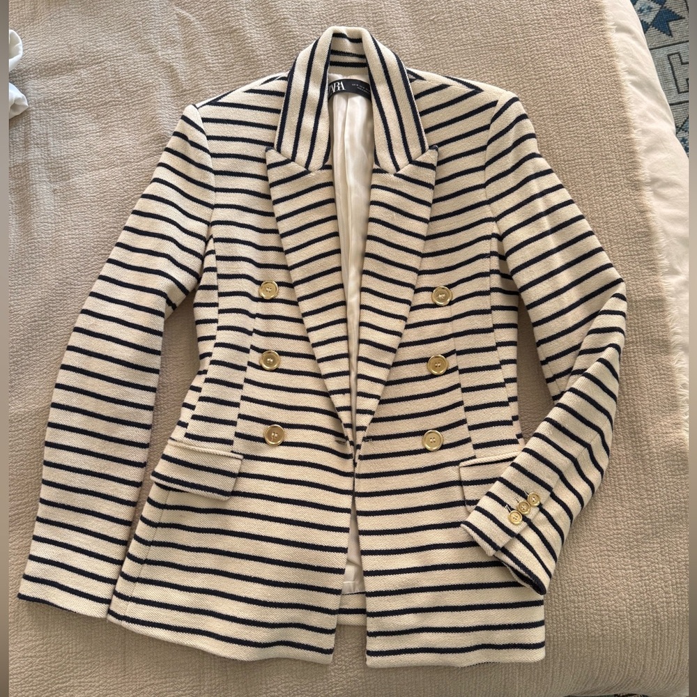 Zara Cream and Navy Striped Double-Breasted Blazer